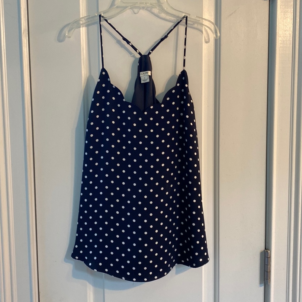 J. crew, size 6, adjustable cami, navy w white polka dots, scallop neck and back